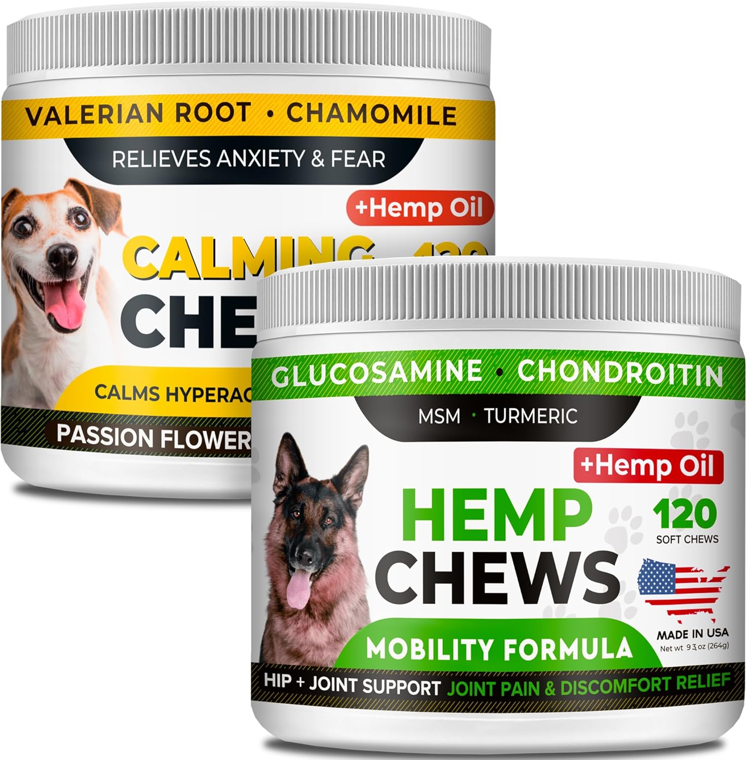 Hemp Calming + Hemp Glucosamine Chews For Dogs Bundle - Anxiety + Joint Pain Relief - Hemp Oil + Omega 3, Chondroitin, Msm - Dog Training & Behavior Aid + Hip & Joint Care - 240 Chews - Us Made