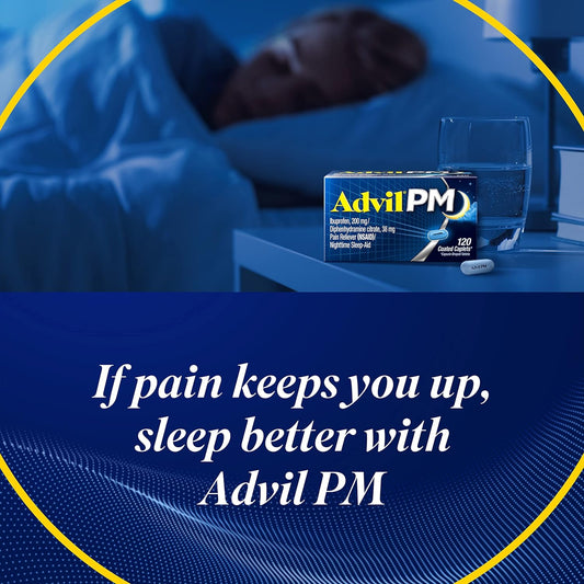 Advil PM Pain Reliever And Nighttime Sleep Aid, Pain Medicine With Ibuprofen For Pain Relief And Diphenhydramine Citrate For A Sleep Aid - 120 Coated Caplets