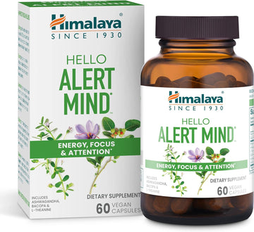 Himalaya Hello Alert Mind With Ashwagandha, Bacopa, L-Theanine, Vitamin B6 & B12, For Energy, Focus & Attention, Vegan, Gluten Free, 60 Capsules