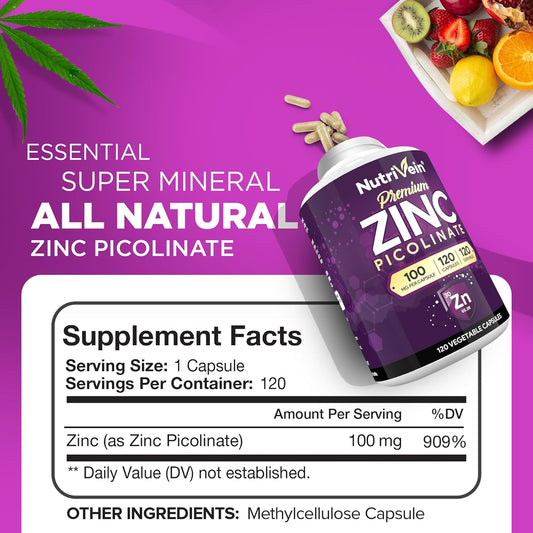Nutrivein Premium Zinc Picolinate 100Mg - 120 Capsules - Immunity Defense Boosts Immune System & Cellular Regeneration - Maximum Strength Bioavailable Supplement - Essential Elements For Absorption