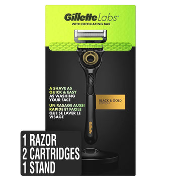 Gillette Labs Mens Razor With Exfoliating Bar, Shaving Kit For Men, Includes 1 Handle, 2 Razor Blade Refills, 1 Premium Magnetic Stand, Black And Gold, Razor For Men