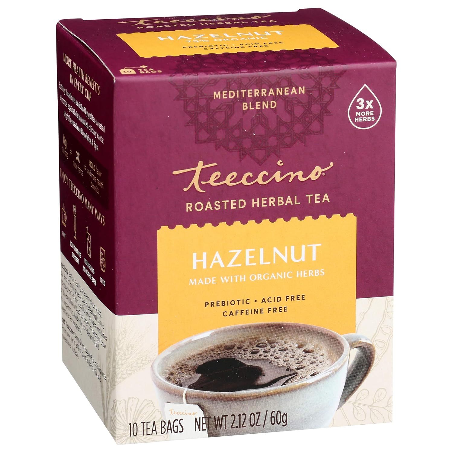 Teeccino Hazelnut Roasted Herbal Tea - Caffeine Free, Prebiotic, 3X More Herbs - 10 Tea Bags