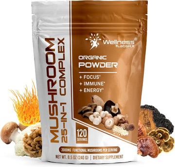 Mushroom Powder, 25 In 1 Mushrooms Supplement - 2000Mg, 25 Superfood Mishroom Lions Mane Powder With Chaga, Shiitake, Cordyceps, Reishi - Lion'S Mane Mushroom - 120 Servings