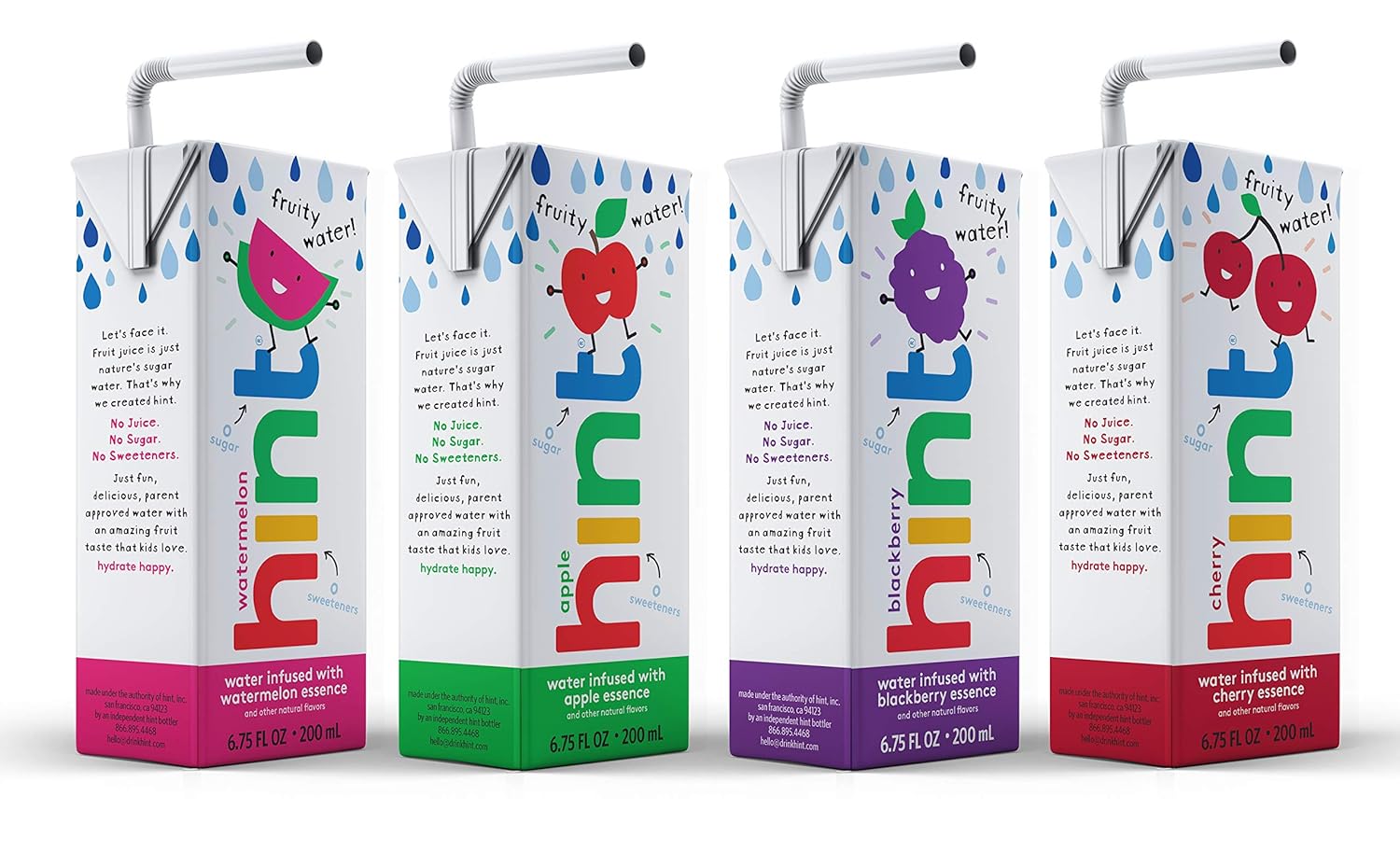 Hint Kids Water Variety, 8 Boxes, Each Of: Cherry, Watermelon, Apple, & Blackberry, Zero Sugar, Zero Sweeteners, Zero Preservatives, Zero Artificial Flavors, 6.75 Fl Oz (Pack Of 32)