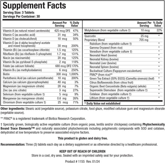 Biotics Research Bio Trophic Plus Food Form Comprehensive Multivitamin Mineral, Glandular Support, Organic Beet Concentrate, Citrus Bioflavonoids, Sod, Catalase, 90 Tabs