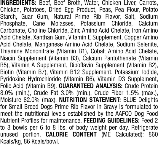 Blue Buffalo Delights Small Breed Natural Wet Dog Food, Prime Rib Flavor In Gravy, 3.5-Oz. Cups, 12 Count