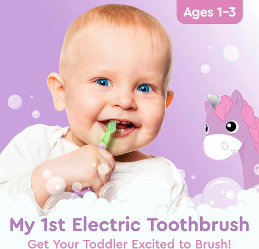 Brusheez Little Toddlers Sonic Toothbrush - Safe & Gentle Toothbrush for Ages 1-3 with Built-in, Light-Up 2-Minute Timer, Extra Brush Head, & Storage Base for First-Time Brushers (Lucky The Unicorn)