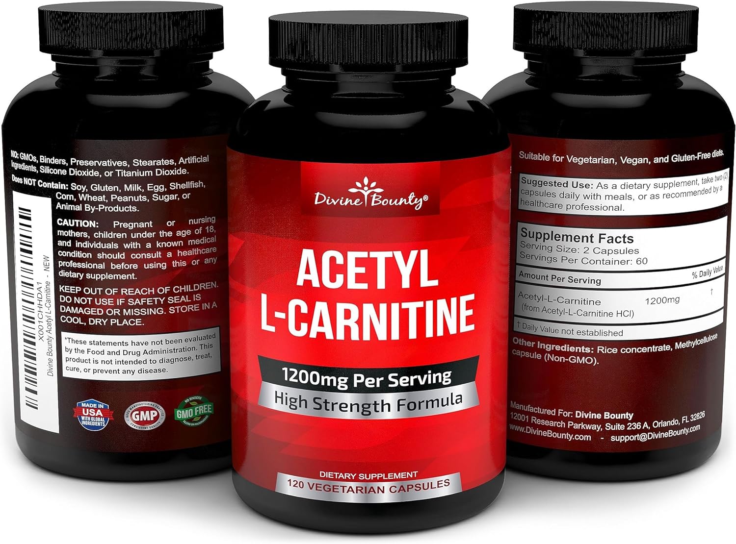 Divine Bounty Acetyl L-Carnitine Capsules 1200mg Per Serving - L Carnitine Supplement 120 Vegetarian Capsules : Health & Household