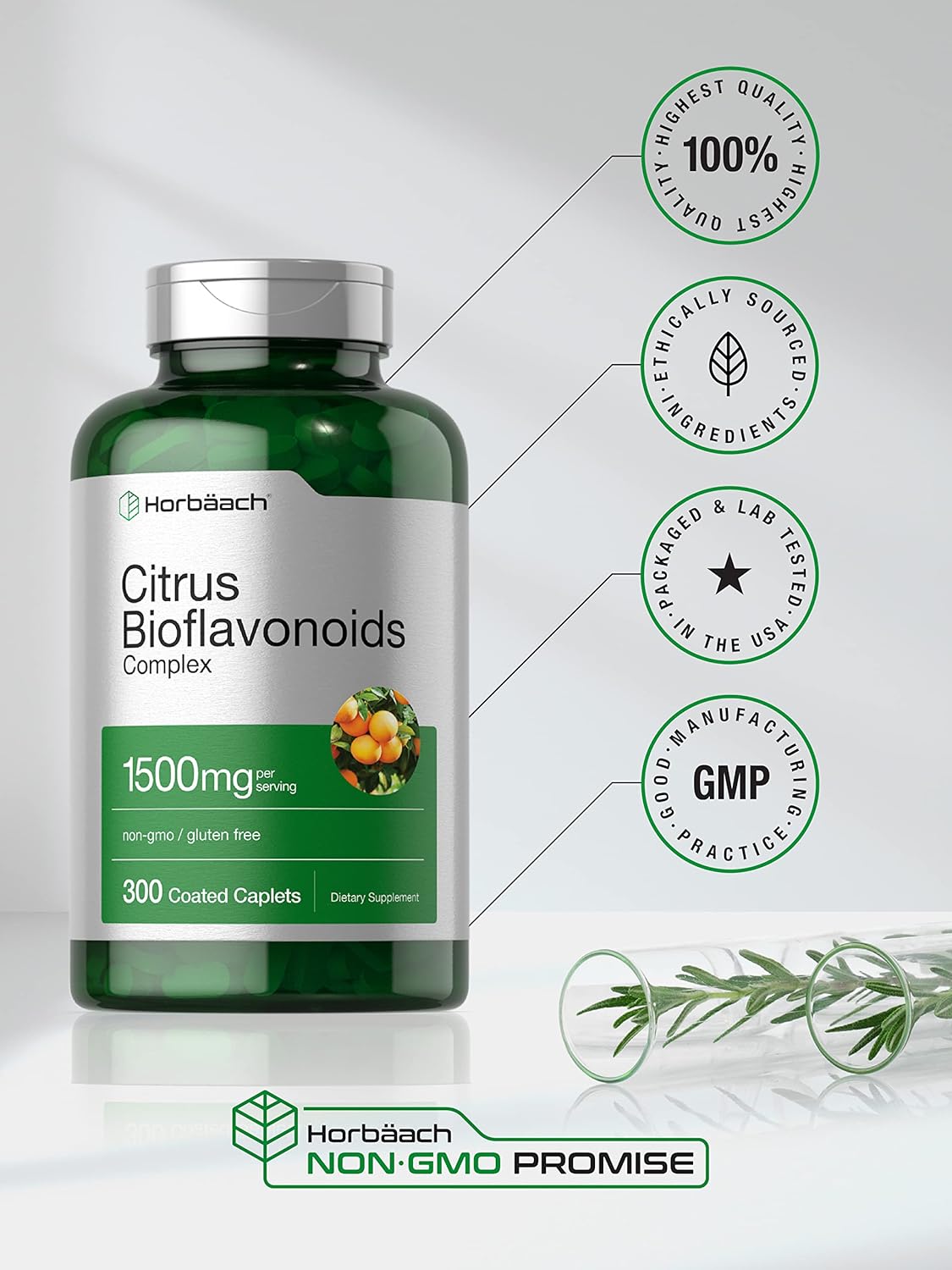 Horbäach Citrus Bioflavonoids Supplement | 1500mg | 300 Caplets | Vegetarian, Non-GMO, and Gluten Free Formula | Value Size : Health & Household