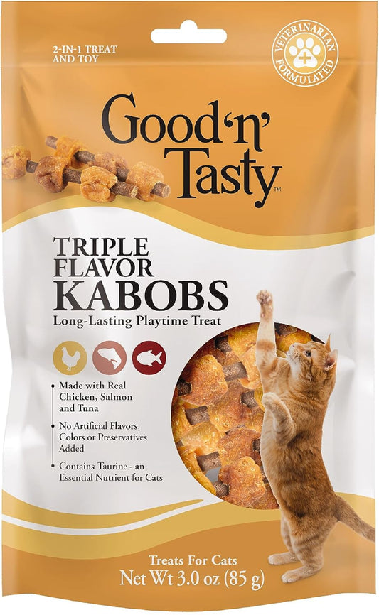 Good ‘N’ Tasty Triple Flavor Kabobs Cat Treat, 3 Ounce Bag, Long-Lasting Playtime Treat For Cats Made With Real Chicken, Salmon & Tuna, 6 Pack