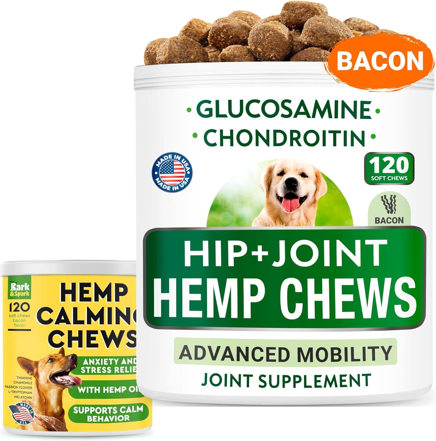 Hemp + Glucosamine + Calming Treats For Dogs Bundle - Joint Pain Relief + Anxiety Relief - Hemp Oil + Chondroitin, W/Msm + Omega 3 - Hip & Joint Supplement + Stress Relief - 240 Chews - Made In Usa