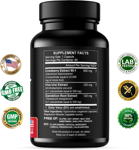 Cranberry Extract Pills - Super Strength 50:1 Whole Fruit Concentrate Equals To 25,000Mg Of Fresh Cranberries Plus Dandelion & Uva Ursi - Natural Uti Support - Kidney Cleanse & Urinary Tract Health
