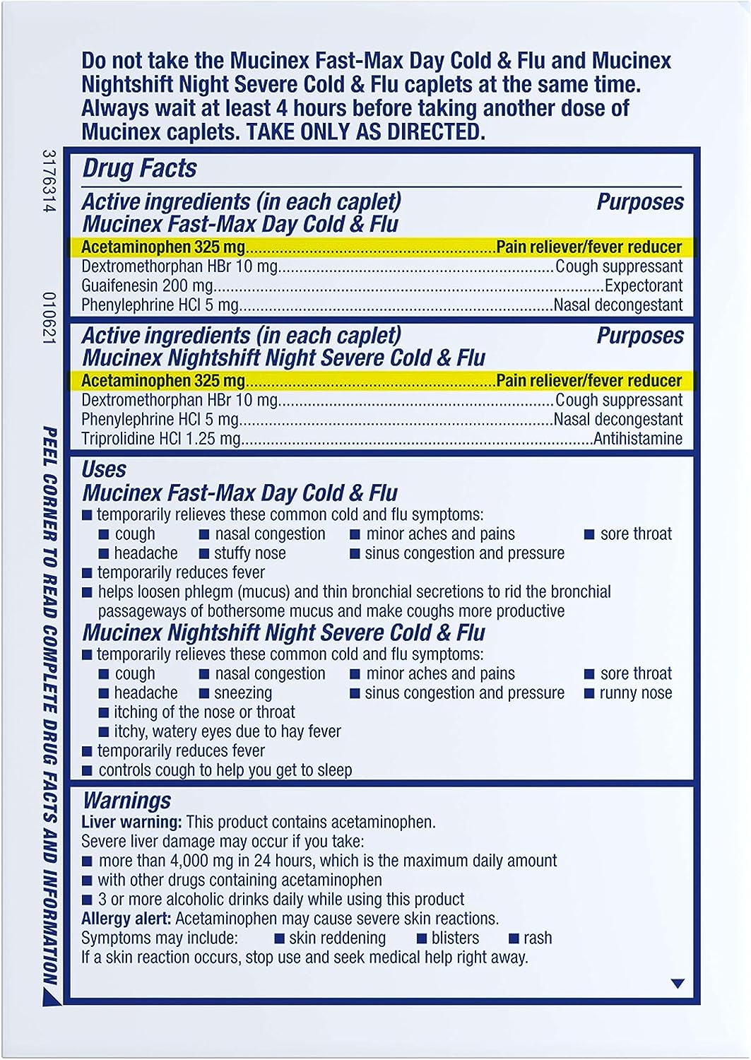 Maximum Strength Mucinex Fast-Max Day Cold & Flu & Nightshift Night Severe Cold & Flu All In One, Fast Release, Powerful Multi-Symptom Relief, 40 caplets (24 Day time + 16 Night time)