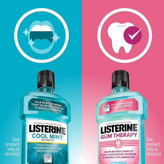 Listerine Cool Mint Antiseptic Mouthwash To Kill 99% Of Bad Breath Germs And Gum Therapy Mouthwash In Glacier Mint To Help Reverse Signs Of Early Gingivitis, Convenience Pack, 2 X 1 L