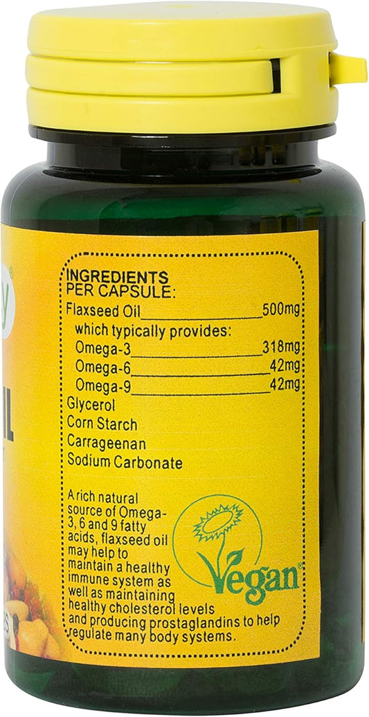 Veganicity Flaxseed Oil 500Mg : Omega-3, -6, -9 Fatty Acid Supplement - 60 Gelatin Free Capsules, In A Planet-Friendly 99% Recycled Pot