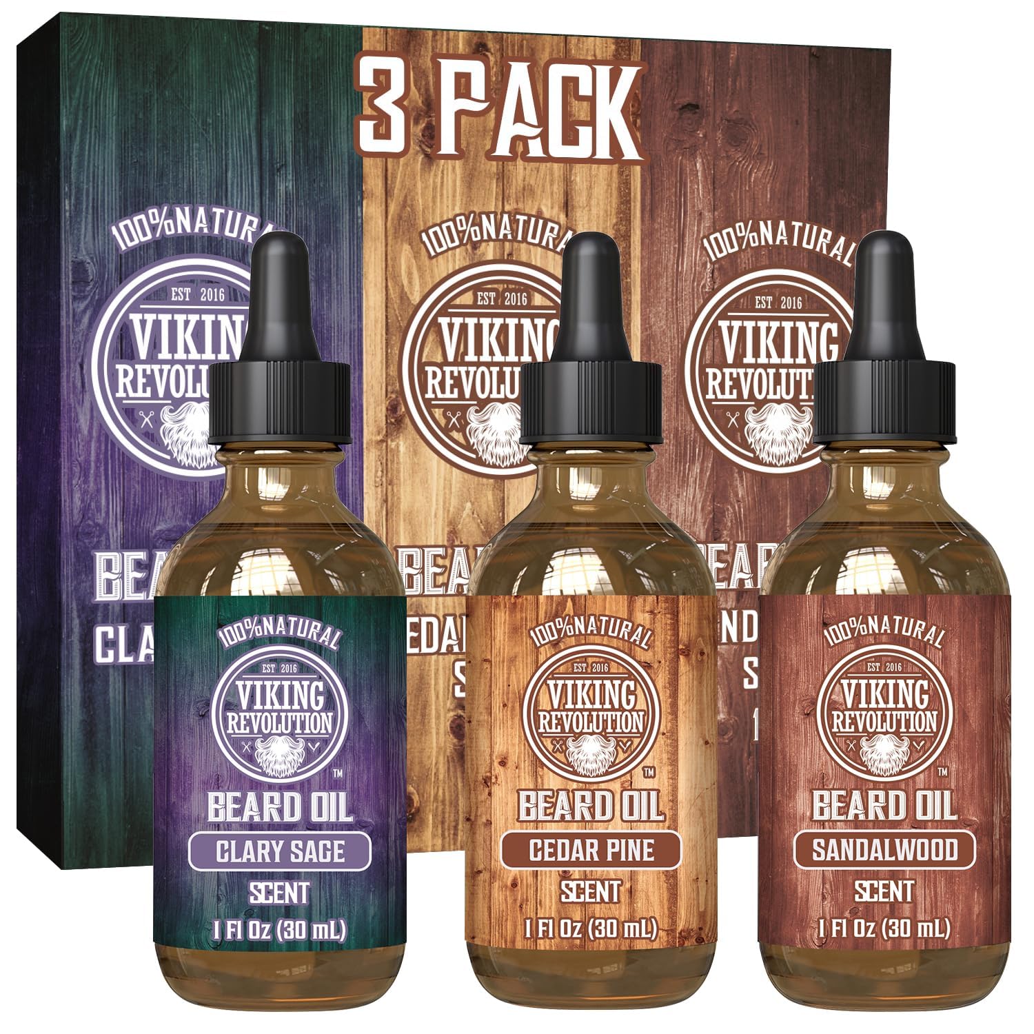 Viking Revolution Beard Oil For Men 3 Pack - Natural Mens Beard Oil Variety Set - Sandalwood, Pine And Cedar, Clary Sage Scents - Beard Conditioning And Moisturizing For A Healthy Beard (3 Pack, 1Oz)