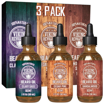 Viking Revolution Beard Oil For Men 3 Pack - Natural Mens Beard Oil Variety Set - Sandalwood, Pine And Cedar, Clary Sage Scents - Beard Conditioning And Moisturizing For A Healthy Beard (3 Pack, 1Oz)