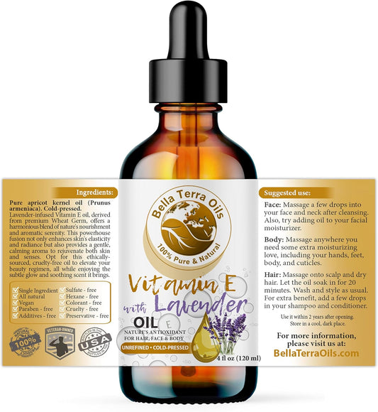 Bella Terra Oils - Lavender Infused Organic Vitamin E Oil 4oz - D-Alpha Tocopherol Richness, Masterfully Blended with Lavender, from Organic Wheat Germ to Your Skin