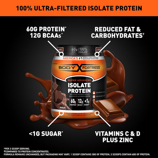 Body Fortress 100% Ultra-Filtered Isolate Protein Powder, Chocolate, 60G Protein & 12G Bcaas Per 2 Scoops, Muscle Gain & Recovery, Immune Support With Vitamins C & D, 1.5Lbs, Packaging May Vary