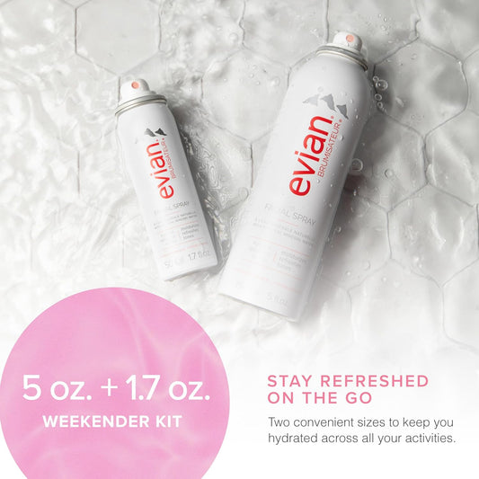 Evian Facial Spray Weekender Kit | Hydrating Mineral Water Mist For Face & Skin | Refreshes Makeup, Sets, & Tones | Travel-Friendly Size For Weekend Hydration And Skincare Essentials