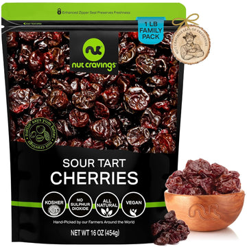 Nut Cravings Dry Fruits - Sun Dried Sour Tart Cherries, Lightly Sweetened (16Oz - 1 Lb) Packed Fresh In Resealable Bag - Sweet Snack, Healthy Food, All Natural, Vegan, Kosher Certified