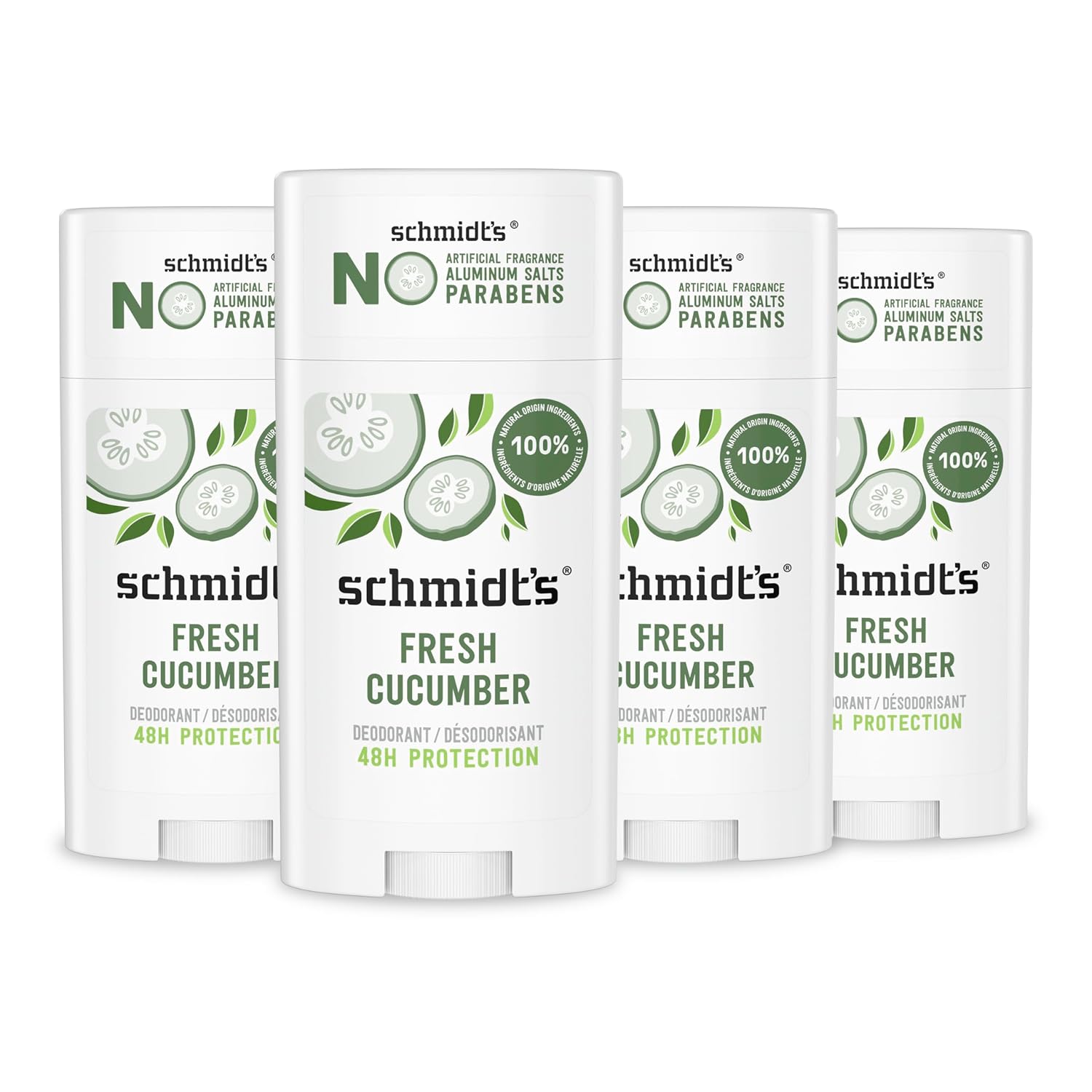 Schmidt'S Aluminum-Free Vegan Deodorant Fresh Cucumber 4 Count For Women And Men, With 24 Hour Odor Protection, Natural Ingredients, Cruelty-Free, 2.65 Oz