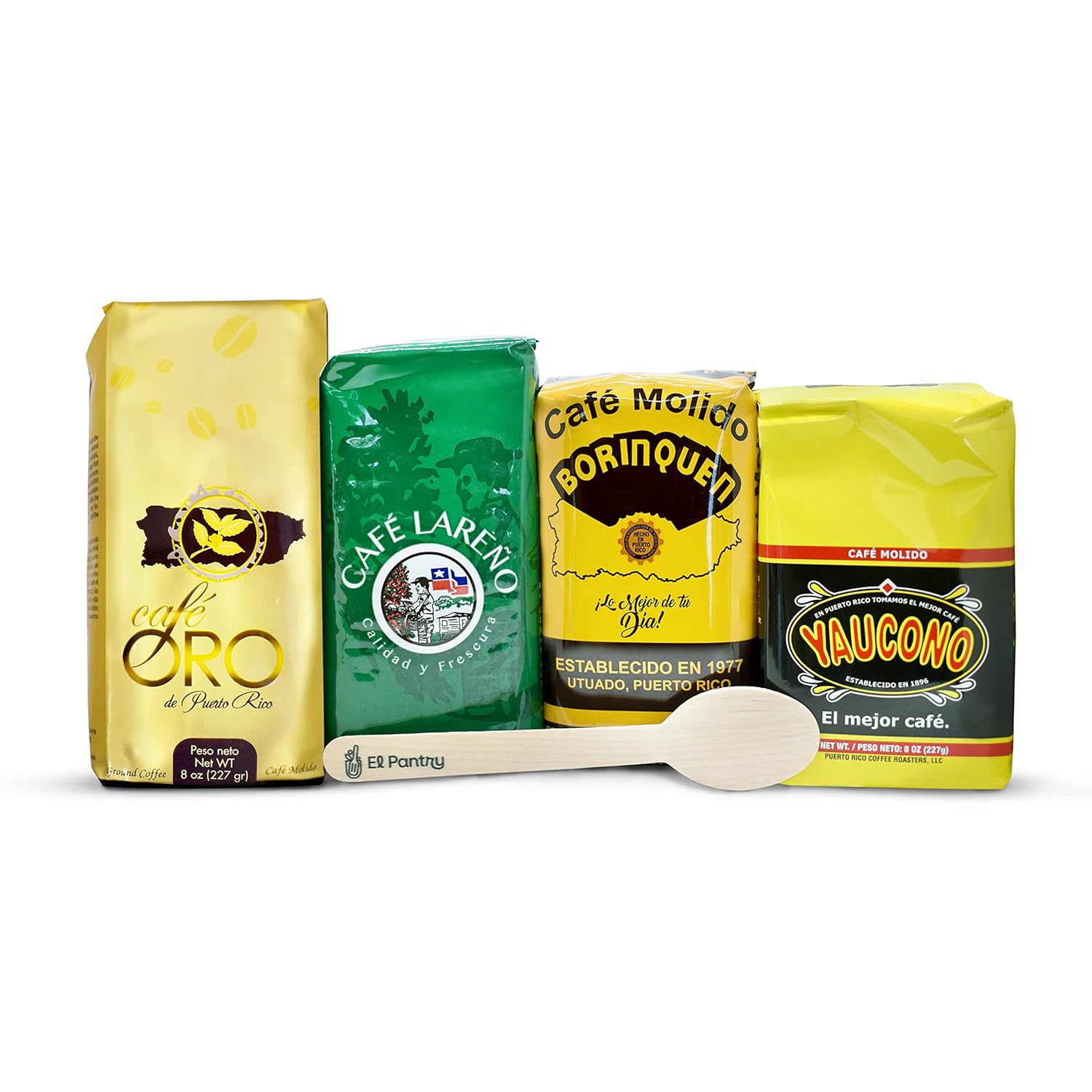 Deluxe Puerto Rican Coffee Selection | Premium Pack Of Assorted Ground Coffee | Cafe Lareno, Cafe Oro, Cafe Borinquen Cafe Yaucono | Includes El Pantry Coffee Wooden Spoon