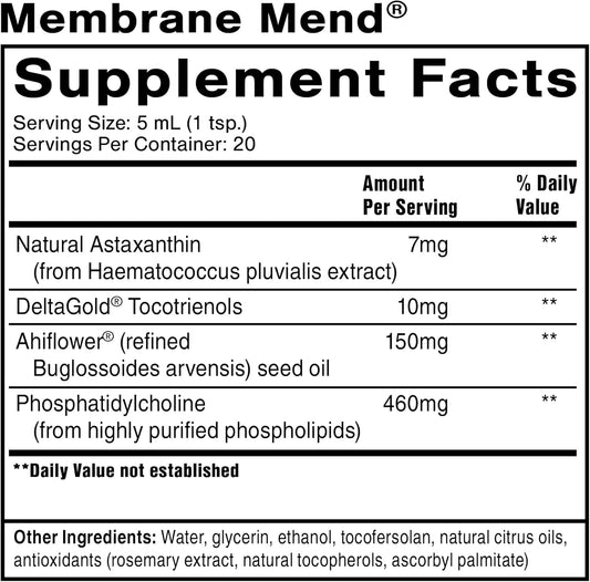 Quicksilver Scientific Membrane Mend - Brain, Cellular & Healthy Aging Support With Phosphatidyl Choline (Pc), Vitamin E Tocotrienols, Ahiflower Oil & Astaxanthin Supplements (3.38Oz / 100Ml)