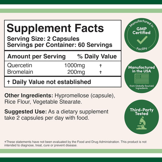 Quercetin With Bromelain - 120 Count (1,200Mg Servings) Immune Health Capsules - Supports Healthy Immune Functions In Men And Women (Vegan Safe, Third Party Tested, Gluten Free) By Double Wood