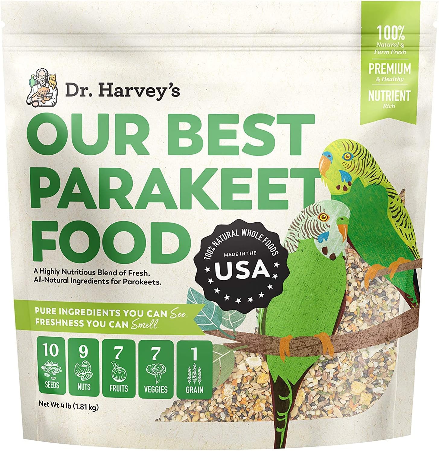 Dr. Harvey'S Our Best Parakeet Food, Wholesome Seeds, Nuts, Fruits, And Vegetable Bird Feed For Budgies And Parakeets (4 Pounds/1.81 Kg)