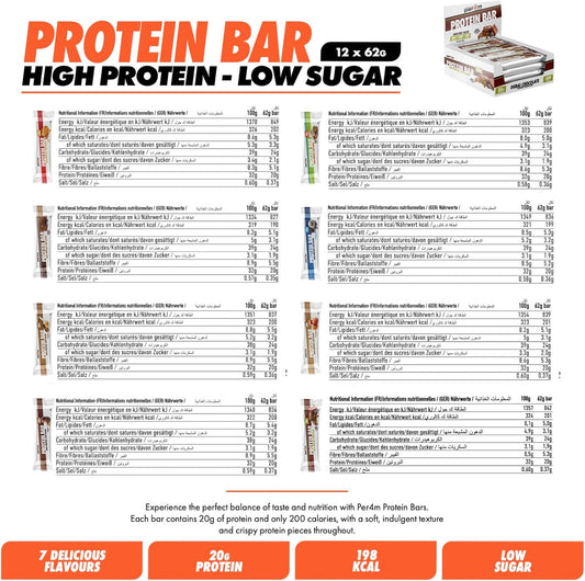 Per4M On-The-Go Protein Bar | High Protein, Low Sugar Bar With 20G Protein | Nutritional & Healthy Gym Snack Bar | Box Of 12 X 62G (Box, Mixed Flavours)