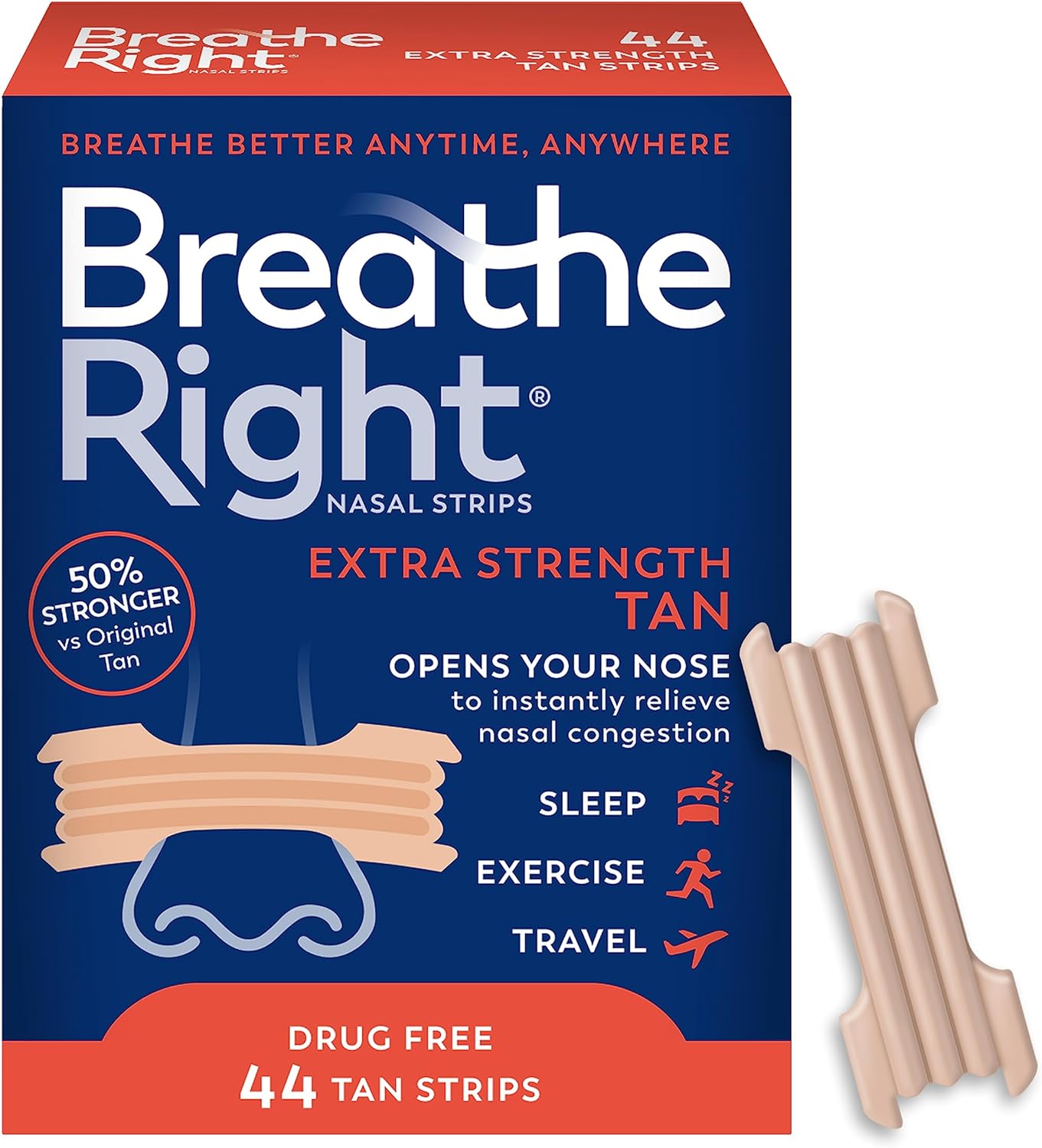 Breathe Right Nasal Strips, Extra Strength, Tan Nasal Strips, Help Stop Snoring, Drug-Free Snoring Solution & Instant Nasal Congestion Relief Caused by Colds & Allergies, 44Ct (Packaging My Vary)