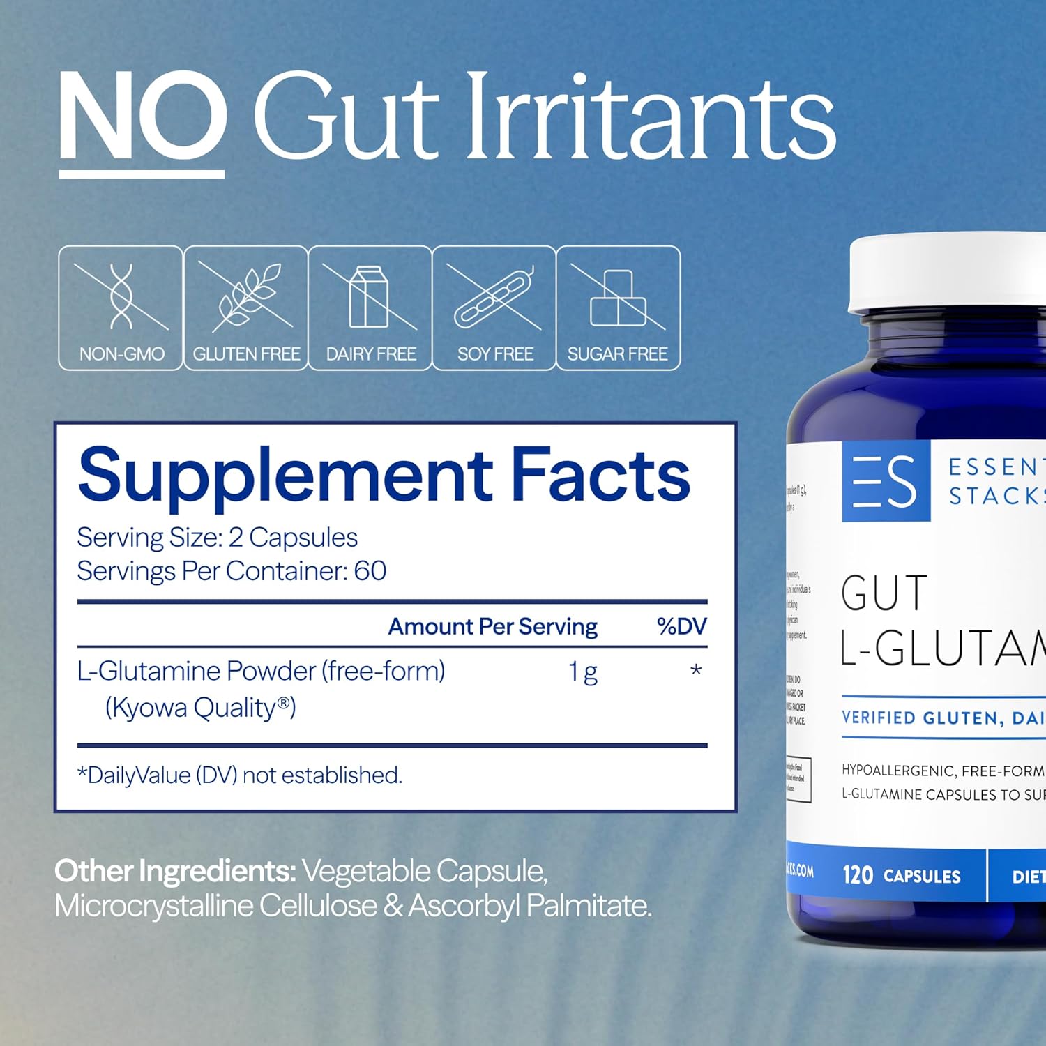 Essential Stacks Gut L-Glutamine Capsules 1000Mg (Made In Usa) - Gluten, Dairy & Soy Free, Non-Gmo L Glutamine For Gut Health - 60 Serves (120 Caps) : Health & Household