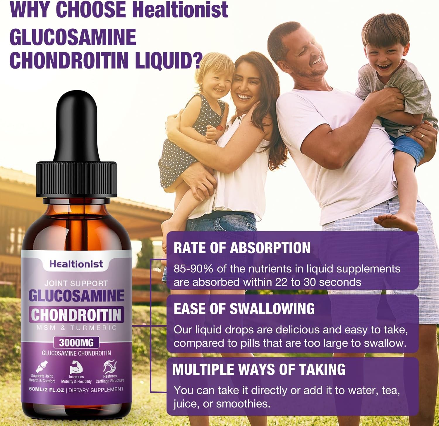Healtionist 1 Pack Glucosamine Chondroitin Msm Liquid Drops, Extra Strength Joint Support Supplement For Adults Men & Women, Quercetin Boswelia, Bromelain, Antioxidant Immune Support (2 Fl Oz) : Health & Household
