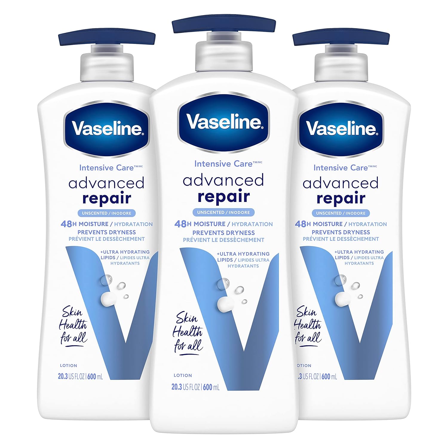 Vaseline Intensive Care Unscented Advanced Repair Body Lotion - Ultra-Hydrating With Lipids For Extremely Dry Skin, 20.3 Oz, Pack Of 3