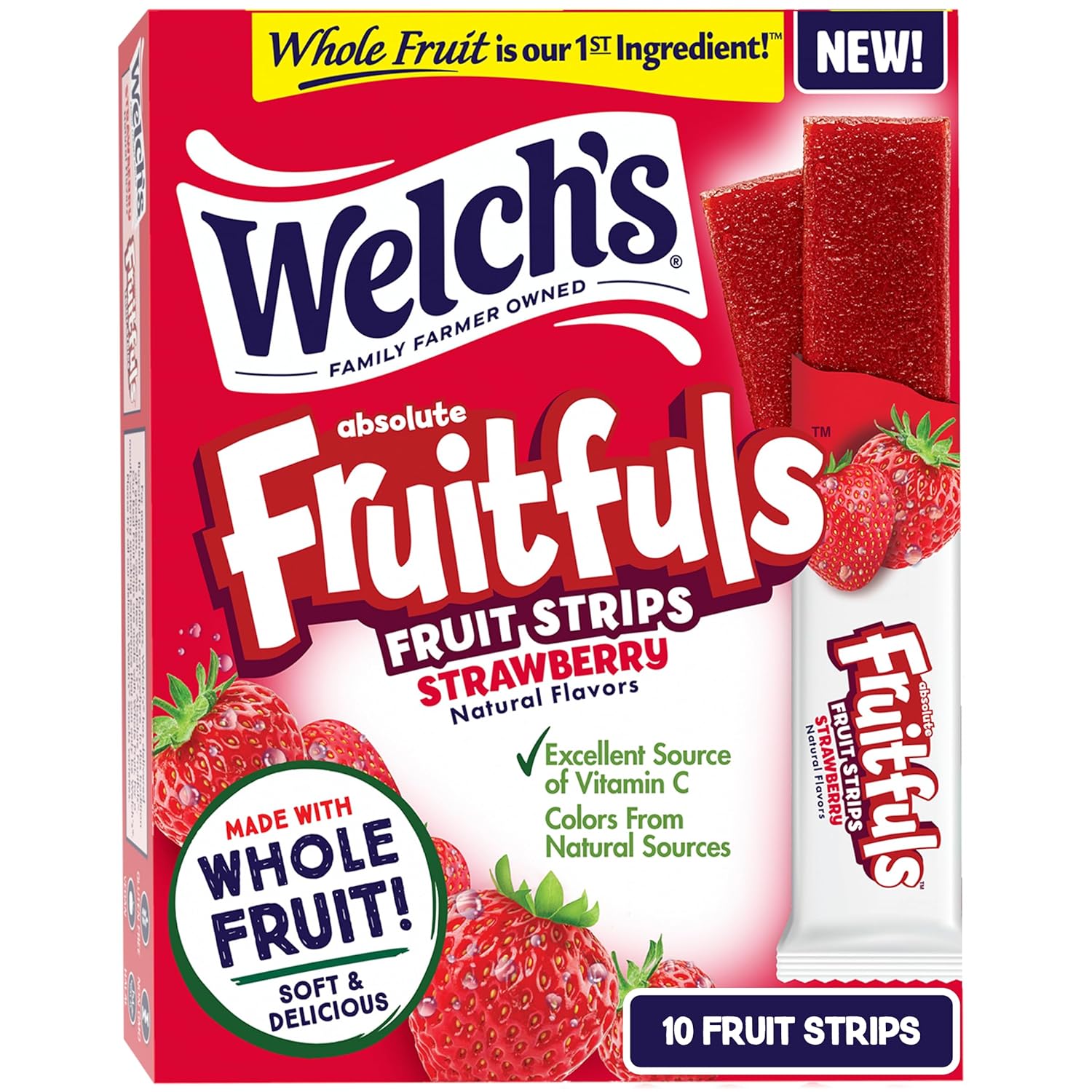 Welch’S Absolute Fruitfuls Fruit Strips, Strawberry Flavored Fruit Leather, Tasty Dried Fruit Snacks For School Lunches, Strawberry, 0.5Oz (Pack Of 10)