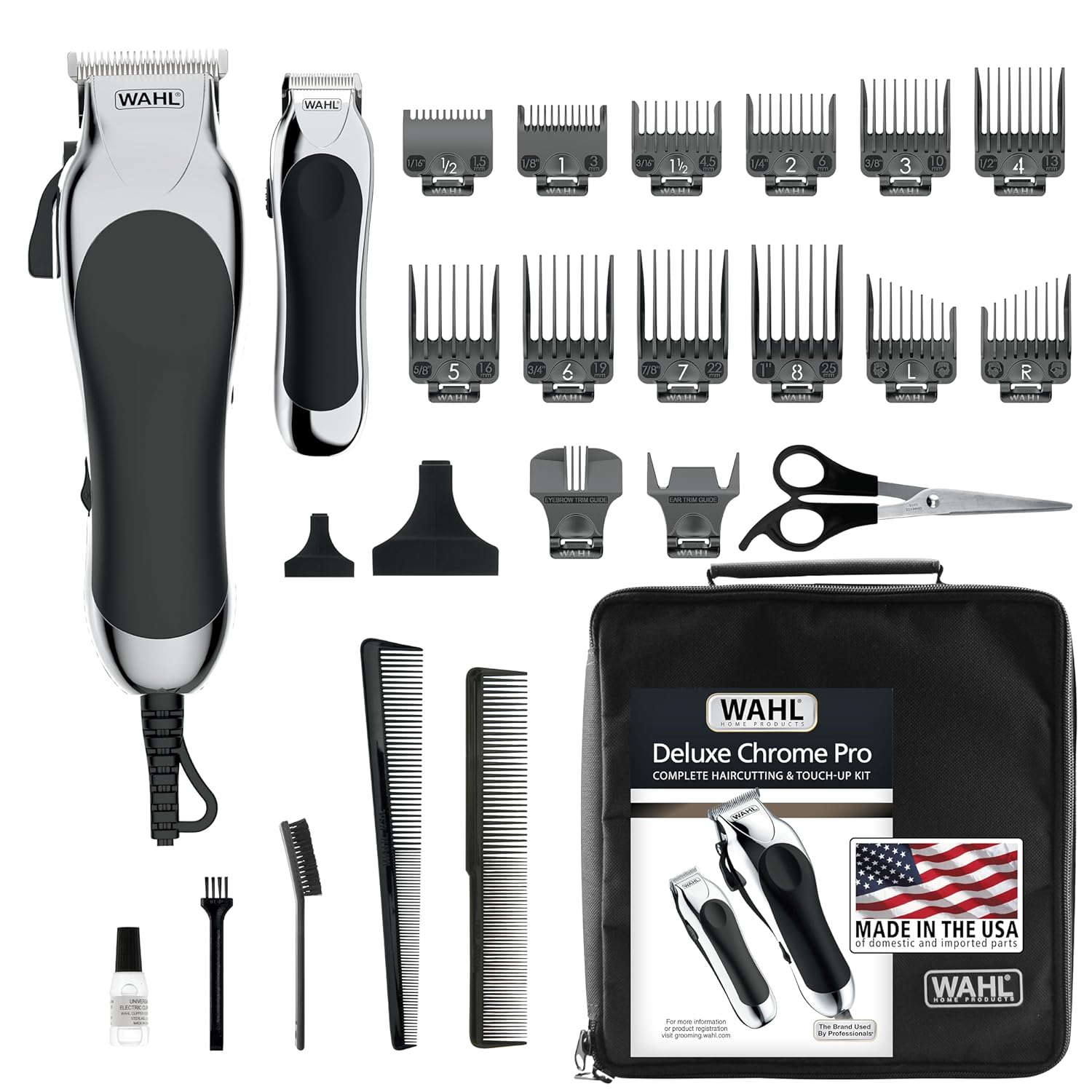 Wahl Clipper Usa Deluxe Corded Chrome Pro, Complete Hair And Trimming Kit, Includes Corded Clipper, Cordless Battery Trimmer, And Styling Shears, For A Cut Every Time - Model 79524-5201M