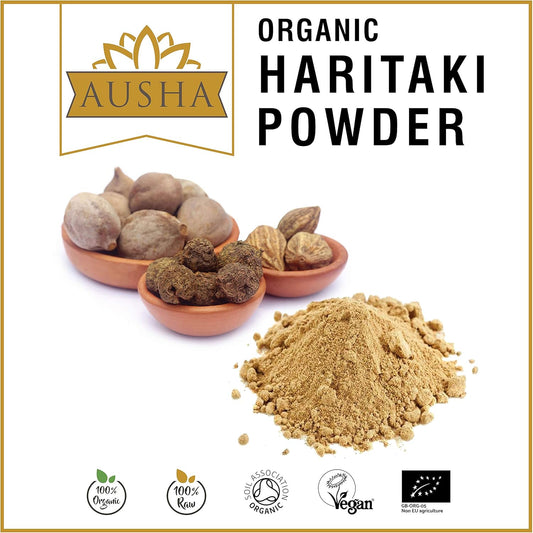 Ausha Organic Haritaki Powder 100G - Uk Certified Organic By Soil Association - Gut Health, Constipation Relief, Immunity, Digestion