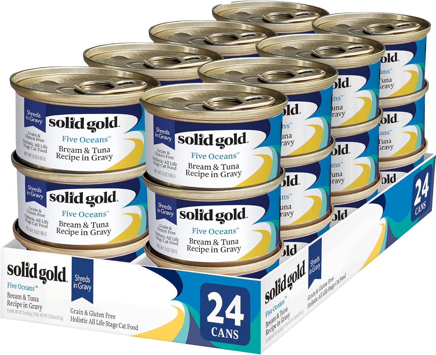 Solid Gold Wet Cat Food Shreds In Gravy - Canned Cat Food Made W/Real Tuna & Sea Bream - Five Oceans Grain Free 24Ct/3Oz Can