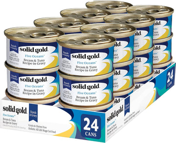 Solid Gold Wet Cat Food Shreds In Gravy - Canned Cat Food Made W/Real Tuna & Sea Bream - Five Oceans Grain Free 24Ct/3Oz Can