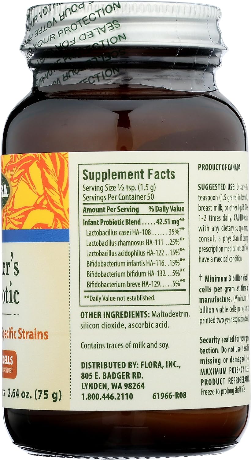 Flora - Toddler's Blend Probiotic, 3 Billion CFU RAW, Six-Infant & Toddler Specific Strains, Lactobacillus, Taste-Free, Dissolves Easy, Aids Constipation and Immunity, 2.64-oz. Powder : Health & Household