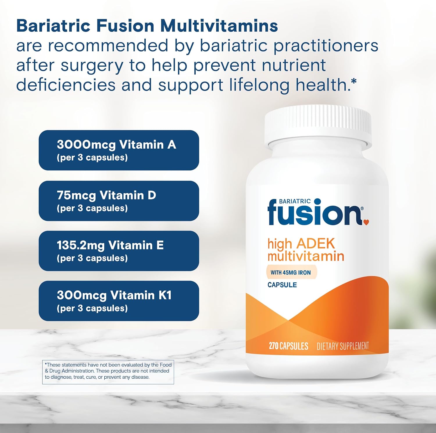 Bariatric Fusion High Adek Multivitamin With Iron | Bariatric Multivitamin For Duodenal Switch | Easy To Swallow Adek Vitamins Bariatric | 270 Capsules | Three Month Supply : Health & Household