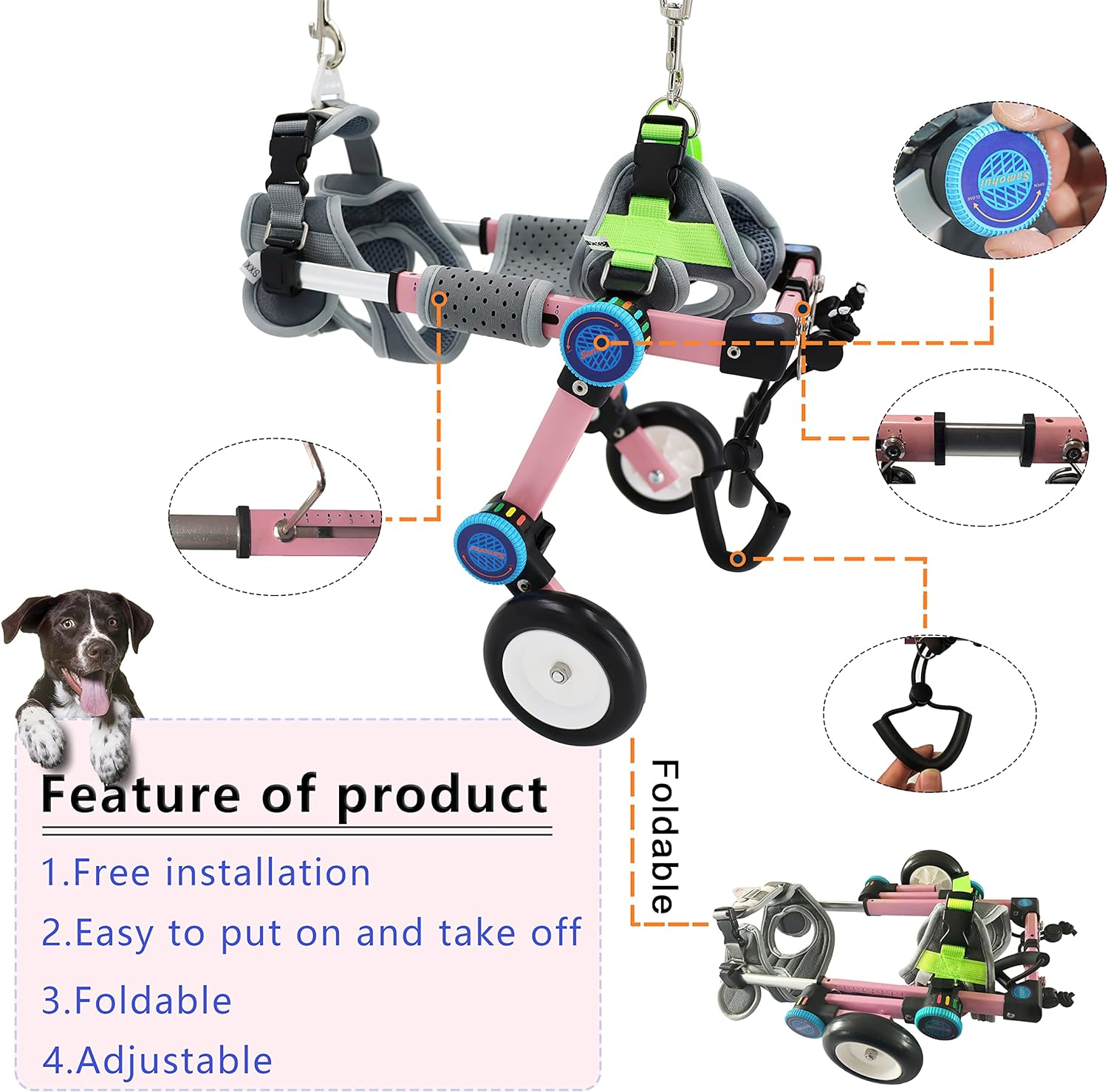 HobeyHove Adjustable Dog Cart/Wheelchair,Fordable Dog Wheelchair for Back Legs,Assist Small Pets with Paralyzed Hind Limbs to Recover Their Mobility 2 Colour 5-Size(XXXS Pink) : Pet Supplies