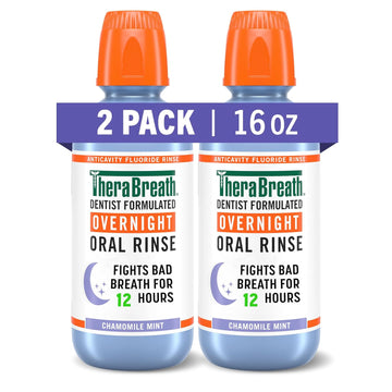 Therabreath Overnight Mouthwash, Fights Bad Breath For 12 Hours, Chamomile Mint Flavor, Dentist Formulated, Fluoride Rinse, Alcohol Free, 16 Fl Oz (Pack Of 2)