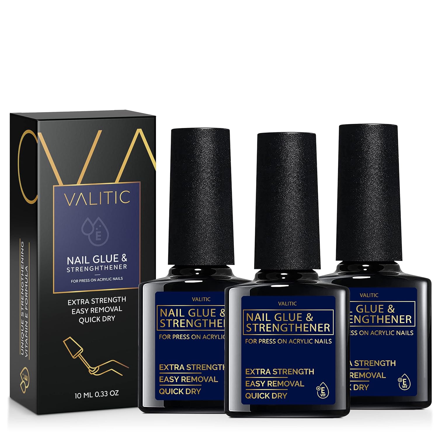 Valitic Nail Glue And Strengthener For Acrylic And Press On Nails - Quick Dry Brush On Nail Gel For Long Lasting Nails - Adhesive Nail Bond For False Nails - Nail Strengthener For Nail Tips - 3 Pack