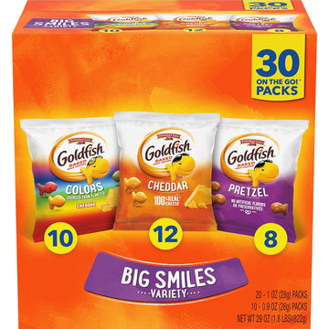 Goldfish Crackers Big Smiles Variety Pack With Cheddar, Colors, And Pretzels, Snack Packs, 30 Ct