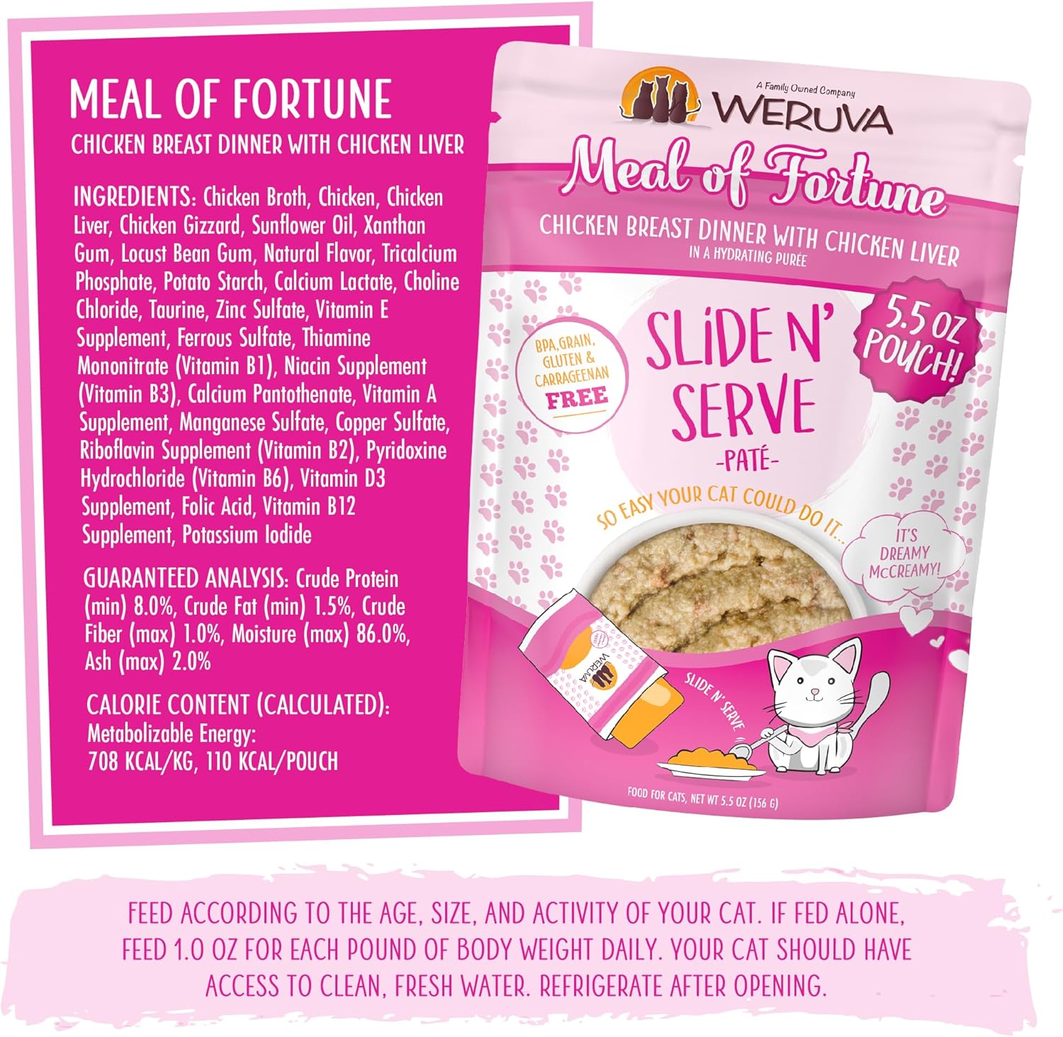 Weruva Wet Cat Food, Meal of Fortune Chicken with Chicken Liver Pate, 5.5oz Slide N Serve Pouch, Pack of 12 : Pet Supplies