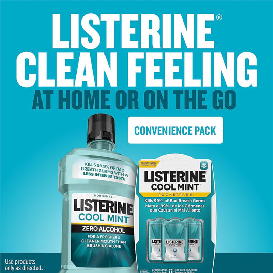 Listerine Cool Mint Zero Alcohol Mouthwash & Cool Mint Pocketpaks Portable Breath Strips, Kill 99% Of Bad Breath Germs* At Home Or On-The-Go, Convenience Pack, 1 L X 3 24-Packs