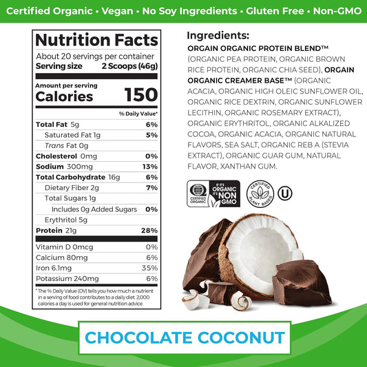 Orgain Organic Vegan Protein Powder, Chocolate Coconut - 21g of Plant
