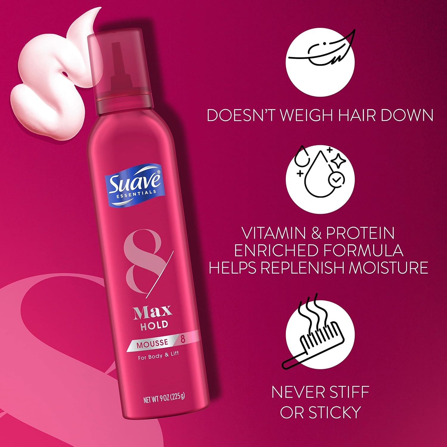 Suave Max Hold 8 - Volumizing Mousse for Fine, Wavy & Curly Hair, Moisturizing & Nourishing Volume Foam, 9 Oz (Pack of 2) : Beauty & Personal Care